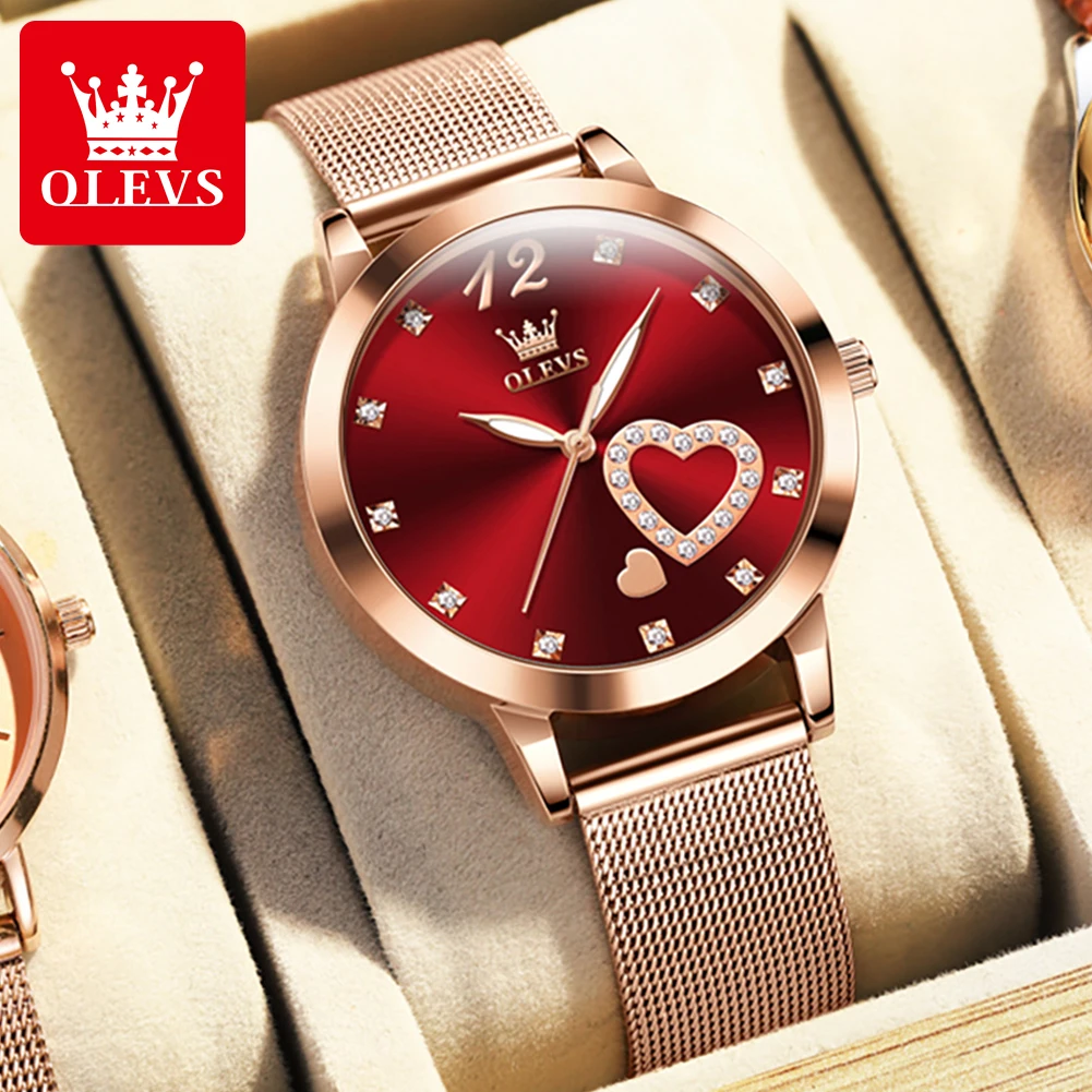 OLEVS Women's Watches Elegant Fashion Wristwatch Waterproof Luminous Original Quartz Watch for Ladies Stainless Mesh Strap Love