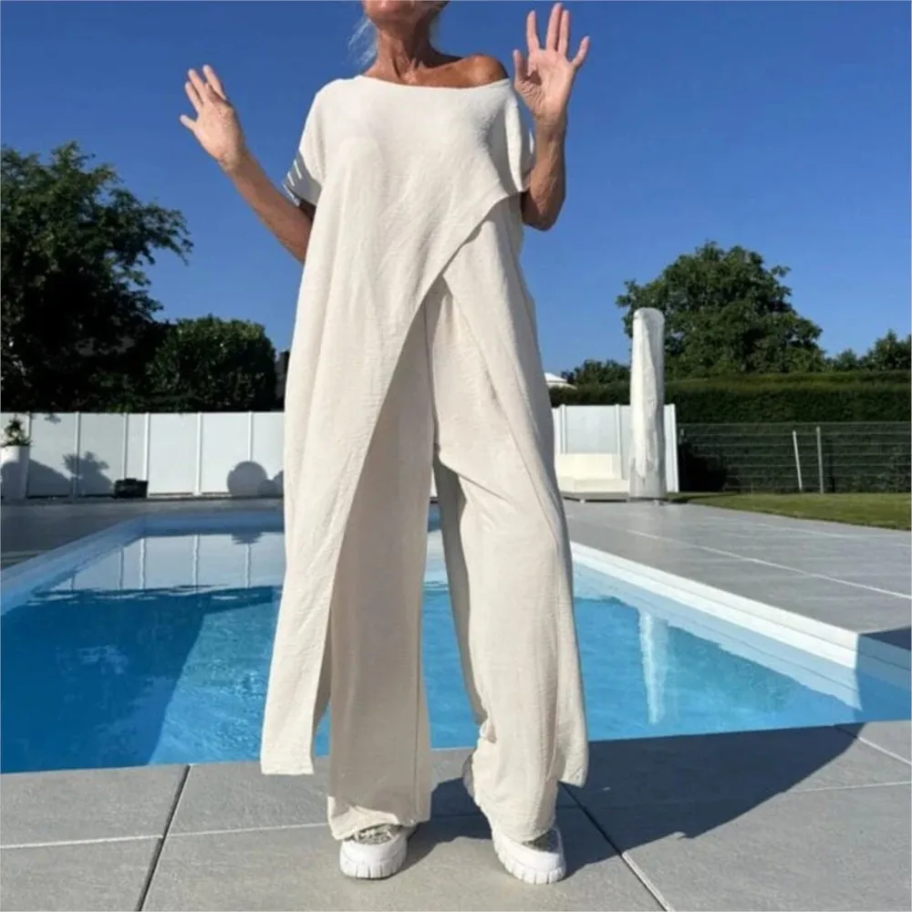 Traje Irregular holgado informal para mujer, Tops largos lisos y elegantes de manga corta con cuello redondo y pantalones de pierna ancha, conjunto de 2 piezas para vacaciones de verano