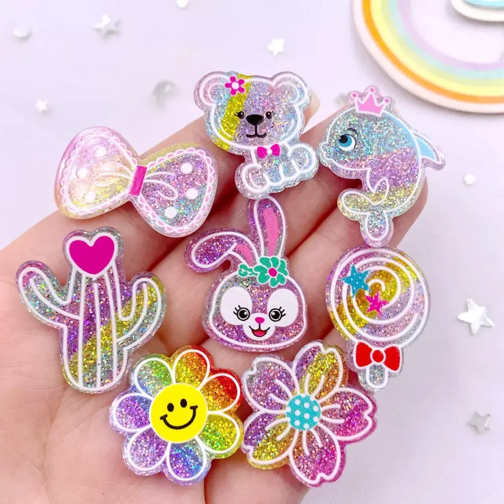 10PCS Colorful Glitter Rainbow Bear Rabbit Flower Dolphin Cactus Flatback Acrylic Sheet Miniature Pattern Applique DIY J332 A