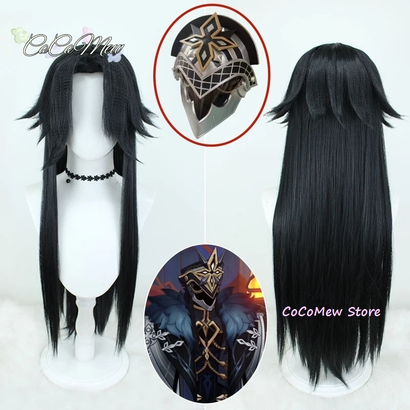 Captain Capitano Wig Game Genshin Impact Men 80cm Long Hair Fatui Harbinger Captain Cosplay Mask Free Cap Halloween