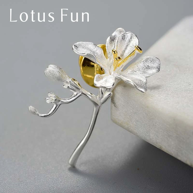 Lotus Fun Elegant Luxury Freesia Flower Brooches Pin for Women 925 Sterling Silver Fashion Wedding Jewelry Pins for use on Hats