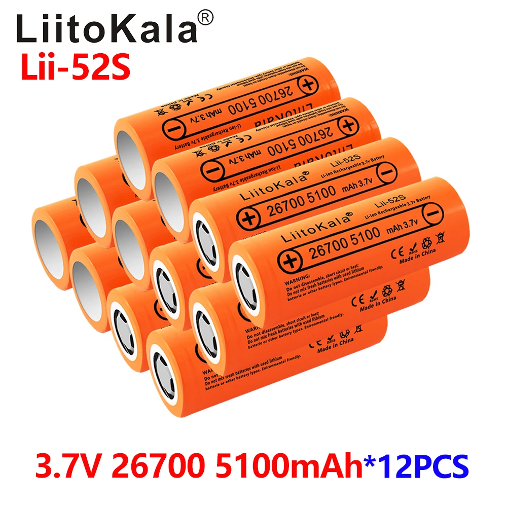 

12pcs LiitoKala Lii-52S 26700 5100mAh 3.7V Rechargeable lithium battery cell for 36V e-bike power HID solar light / 3C discharge