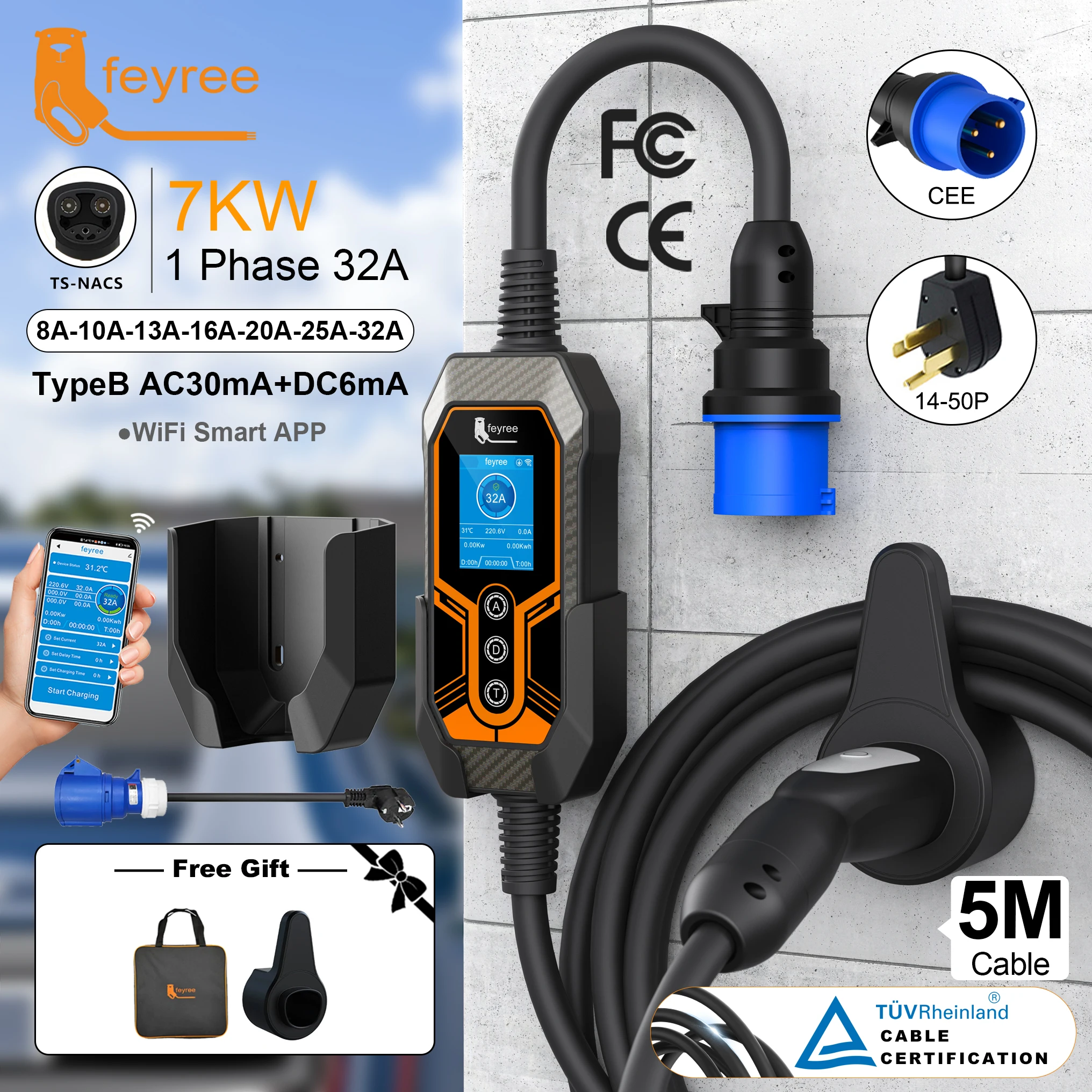 

feyree EV Charger TS-NACS Socket 32A 7KW APP Control EVSE Portable Charger Box Holder Adapter Gift for Tesla Car Models 3/Y/S/X