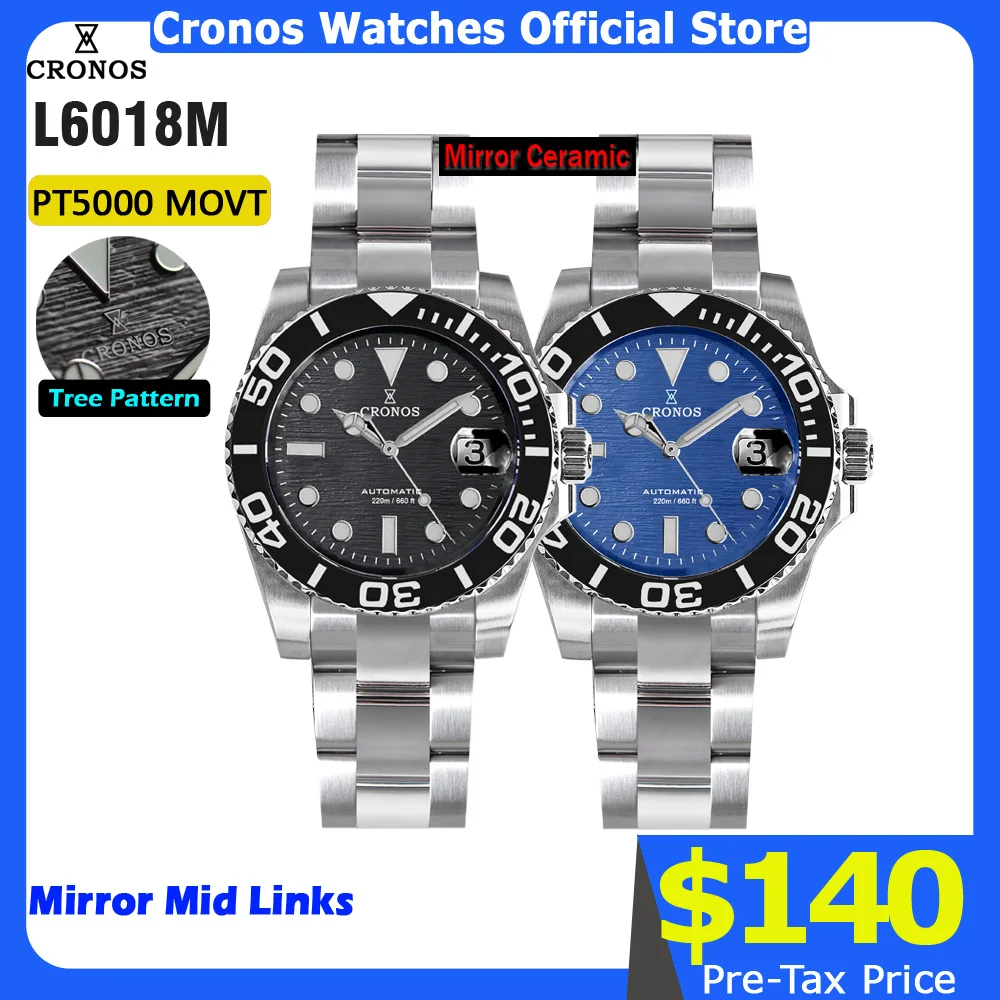

Мужские часы Cronos Sub Diver из нержавеющей стали PT5000 с матовым браслетом и керамическим безелем, водонепроницаемость 200 метров, L6018
