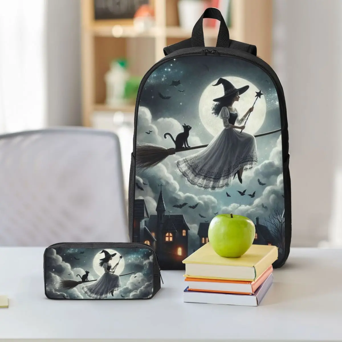Witch And Cat Fly On Sky Backpack Boys Girls BookBag School Bag Shoulder Bags 3ps Insulated Lunch Bag Pencil Case