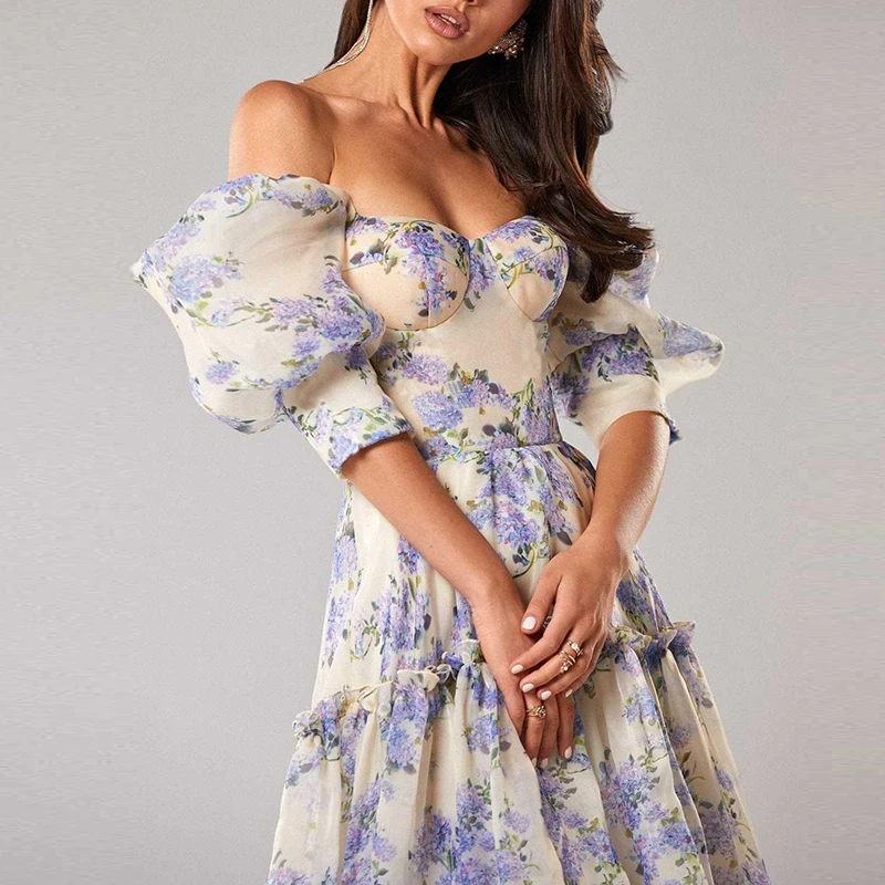 Elegante Off Shoulder Hoge Taille Lange Jurk Nieuwe Prinses Mouw Chiffon Feestjurk Mode Bloemenprint Vrouwen Avondjurken