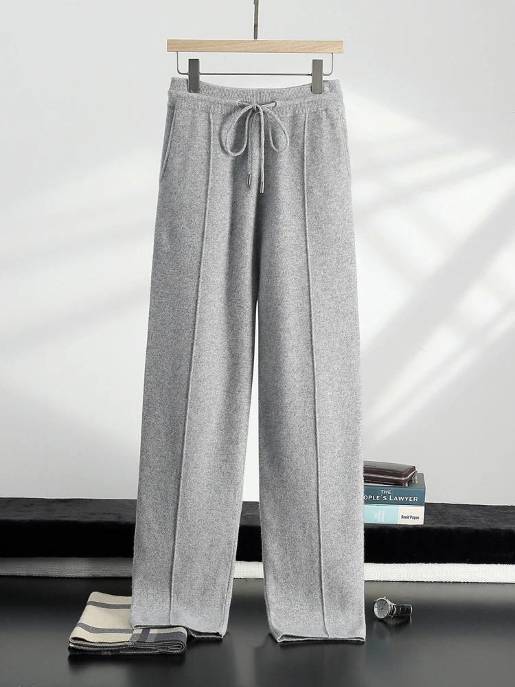 Men Cashmere Casual Pants Autumn Winter Thick Mid Seam Trousers 100% Cashmere Knitwear Solid Pockets Elastic Waist Pencil Pants