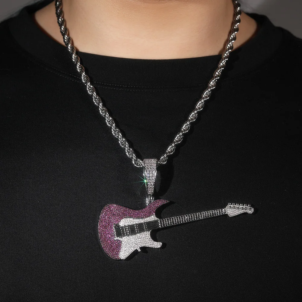 Silver Plated Guitar Pendant Necklace Full Paved Multicolor CZ Rock Hip Hop Iced Out Statement Men Sweater Chain Jewelry