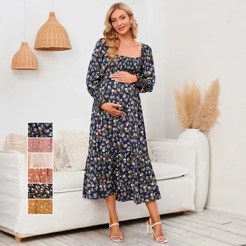 

Dress for Pregnant Women Spring Maternity Chiffon Dress Clothes Pregnancy Small Floral Dresses Long-sleeved Clothing