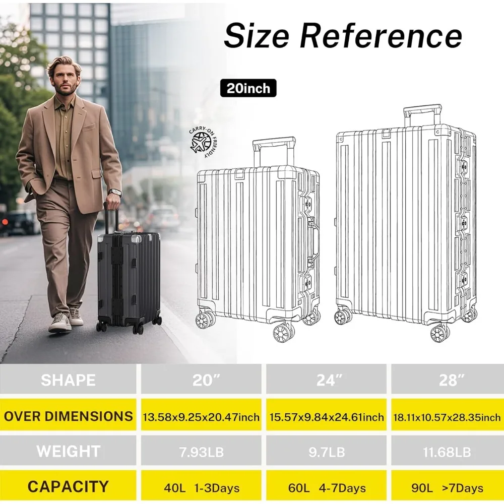 Two-Piece Aluminum Frame Luggage Set 20 & 28 - Carry-On TSA Lock Spinner Suitcases with No Zipper for Travel