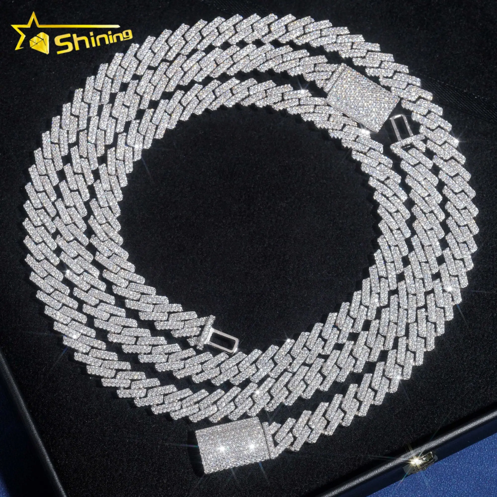 

Stocks 10MM Necklace 925 Sterling Silver Gold Plated Hip Hop Jewelry VVS D Color Moissanite Cuban Link Chain