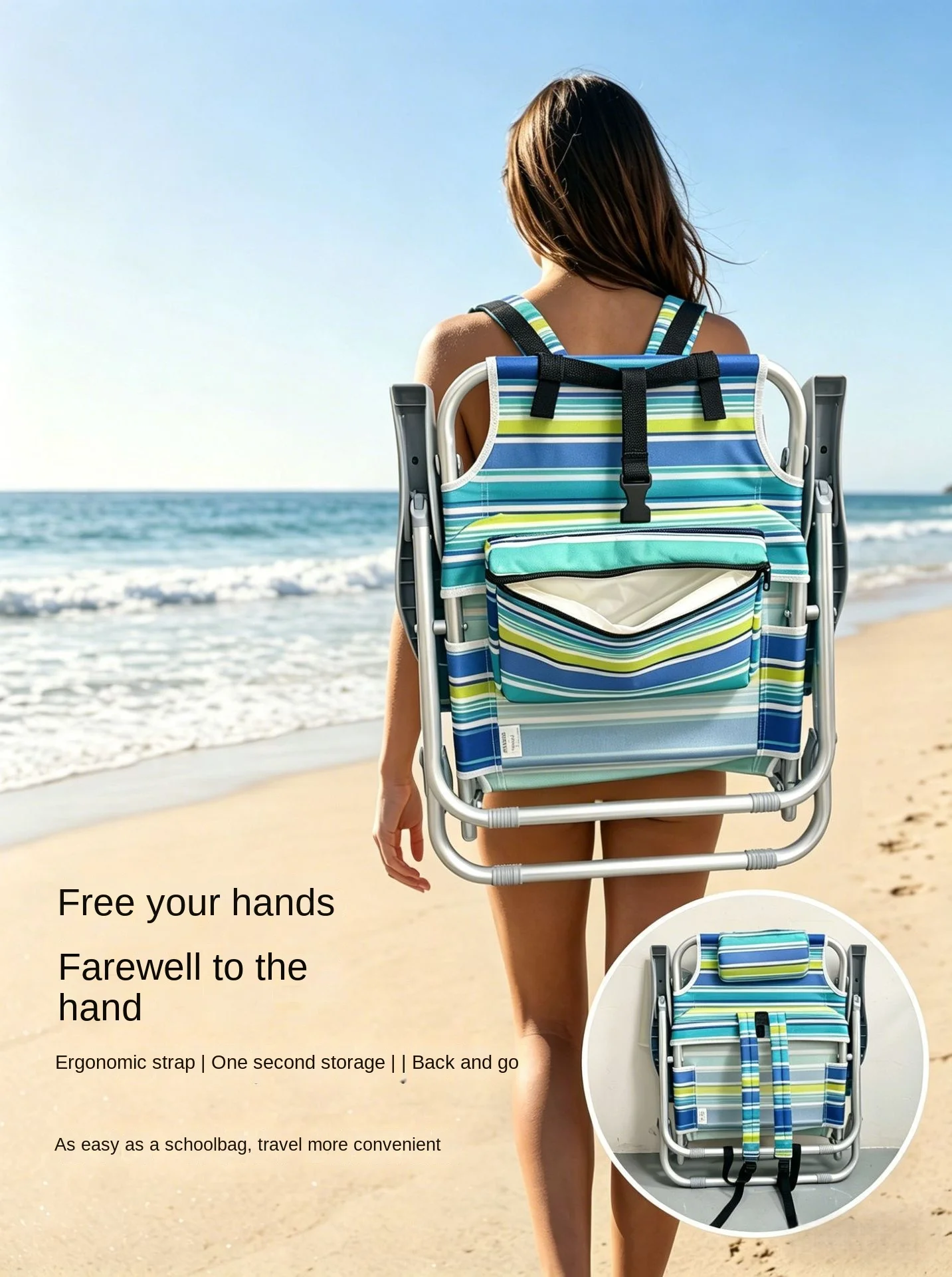 Backpack Style Metal Aluminum Frame Outdoor Leisure Camping Armrests Foldable Fishing Chair Sit Reclining Beach Chair Striped