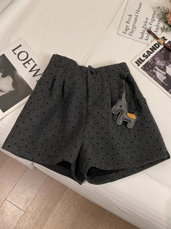 

High Waist plus Size Polka Dot Print Elastic Waist Tweed orts Women's Autumn Winter Casual Wide Leg Pants Versatile Slimming