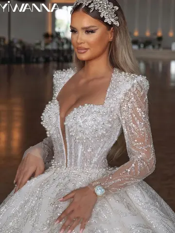 Luxury Sequined Pearls Wedding Dress Customized Deep V-neck Illusion Long Sleeve Bridal Gown Elegant Dreamy Dresses For Bride