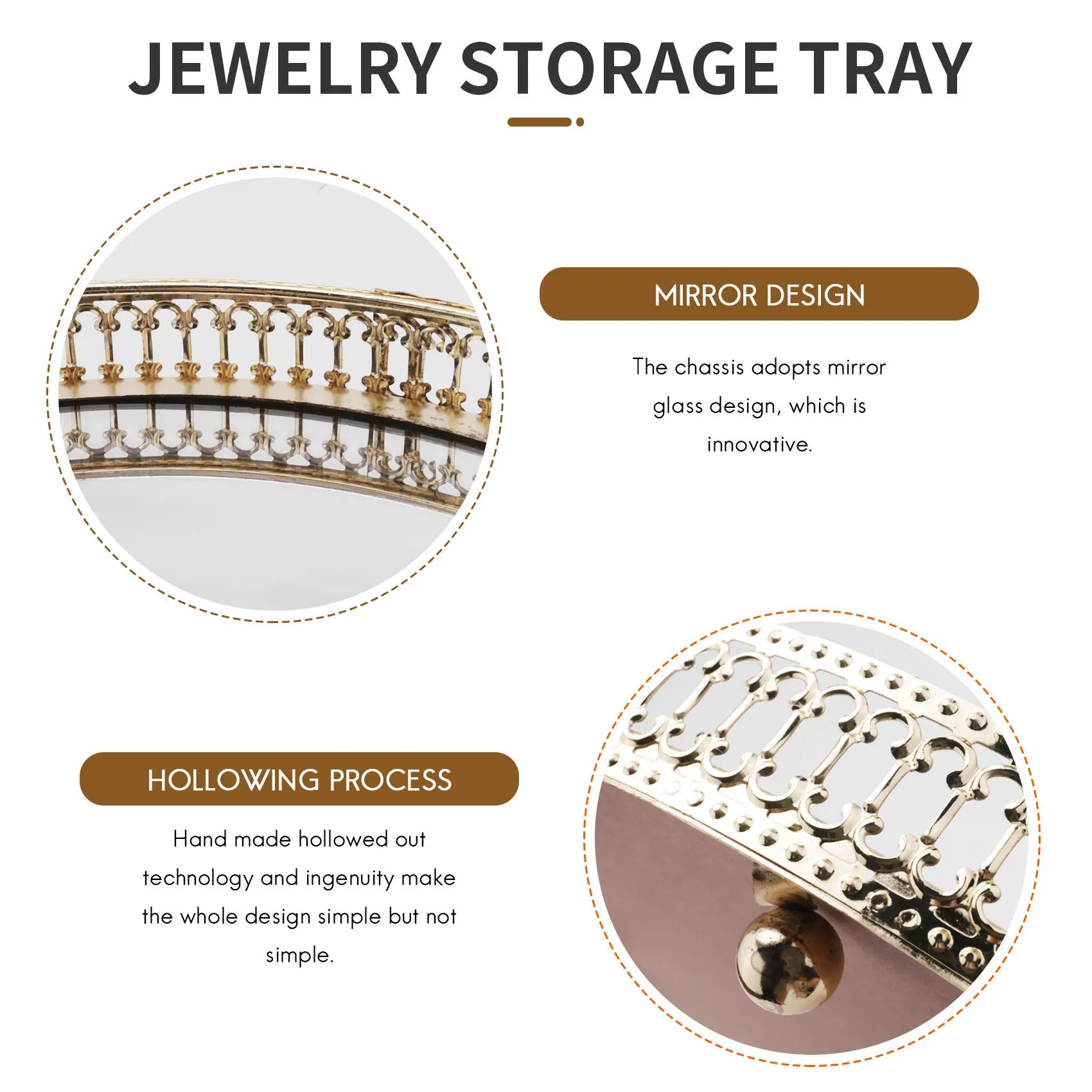 Golden Iron Jewelry Storage Tray Glass Mirror Makeup Manager Desktop Cosmetic Dessert Decorative Display Tray Limited Time Offer