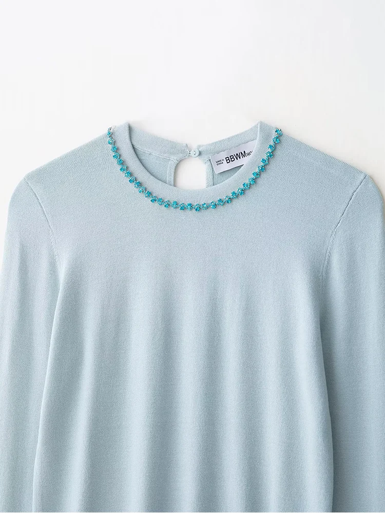 유럽 스타일 신상 여성 패션 다용도 기품 있는 단색 라운드넥 긴팔 쥬얼리 스웨터