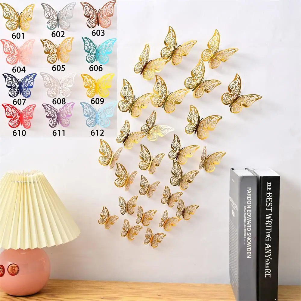 12PCS/Pack Home Decor Hollow-Carved Butterflies Art Hollow Butterflies Decals Wall Art Decor Wall Decals 3D Butterfly Stickers