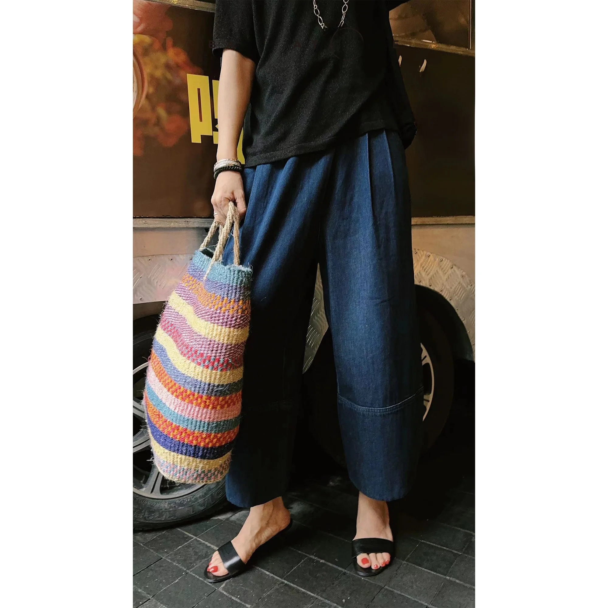 

Модные джинсы-клеш с асимметричными пуговицами и широкими штанинами из хлопка для женщин, свободный крой, весна-лето, синий цвет