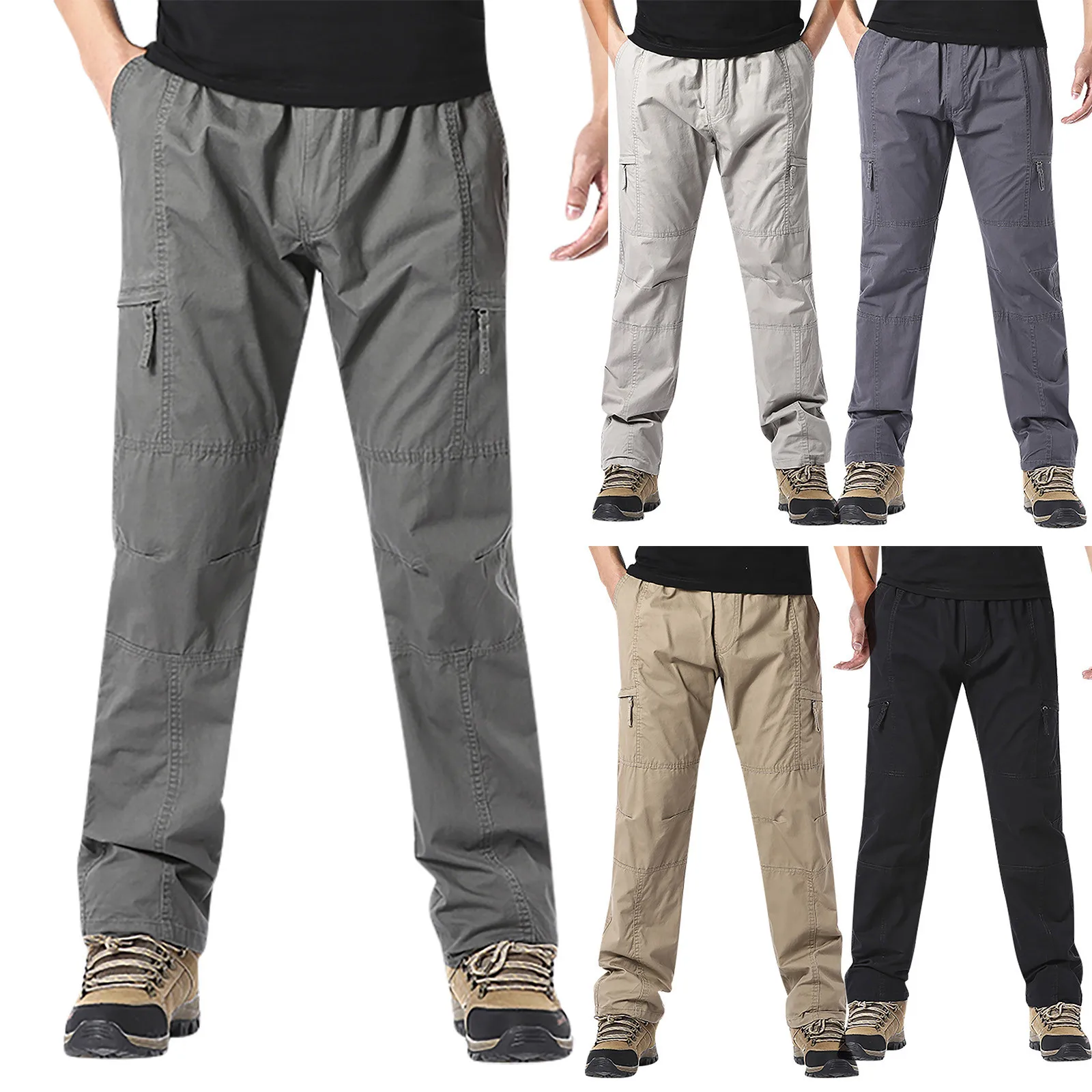 New Multi Pocket Fashion Mens Casual Cotton Loose Trousers Outdoors Overalls Drawstring Simple Solid Cargo Pants Pantalones