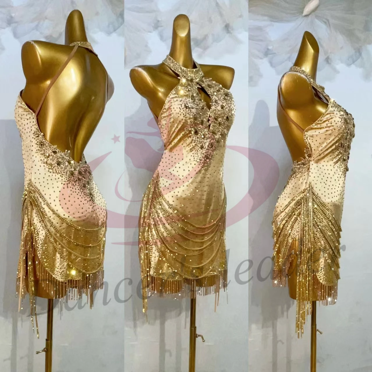 Latin Dance Competition Women's High-end Customized Gold Dress With Diamond Stripes, Tassel, Samba Performance, Rhinestone Dress