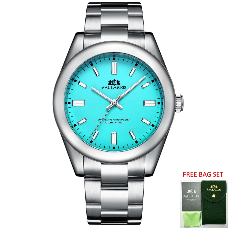 Automatische Herrenuhr, mechanisch, selbstaufziehend, Edelstahl, luxuriös, rot, gelb, blau, grün, Regenbogen, 41 mm