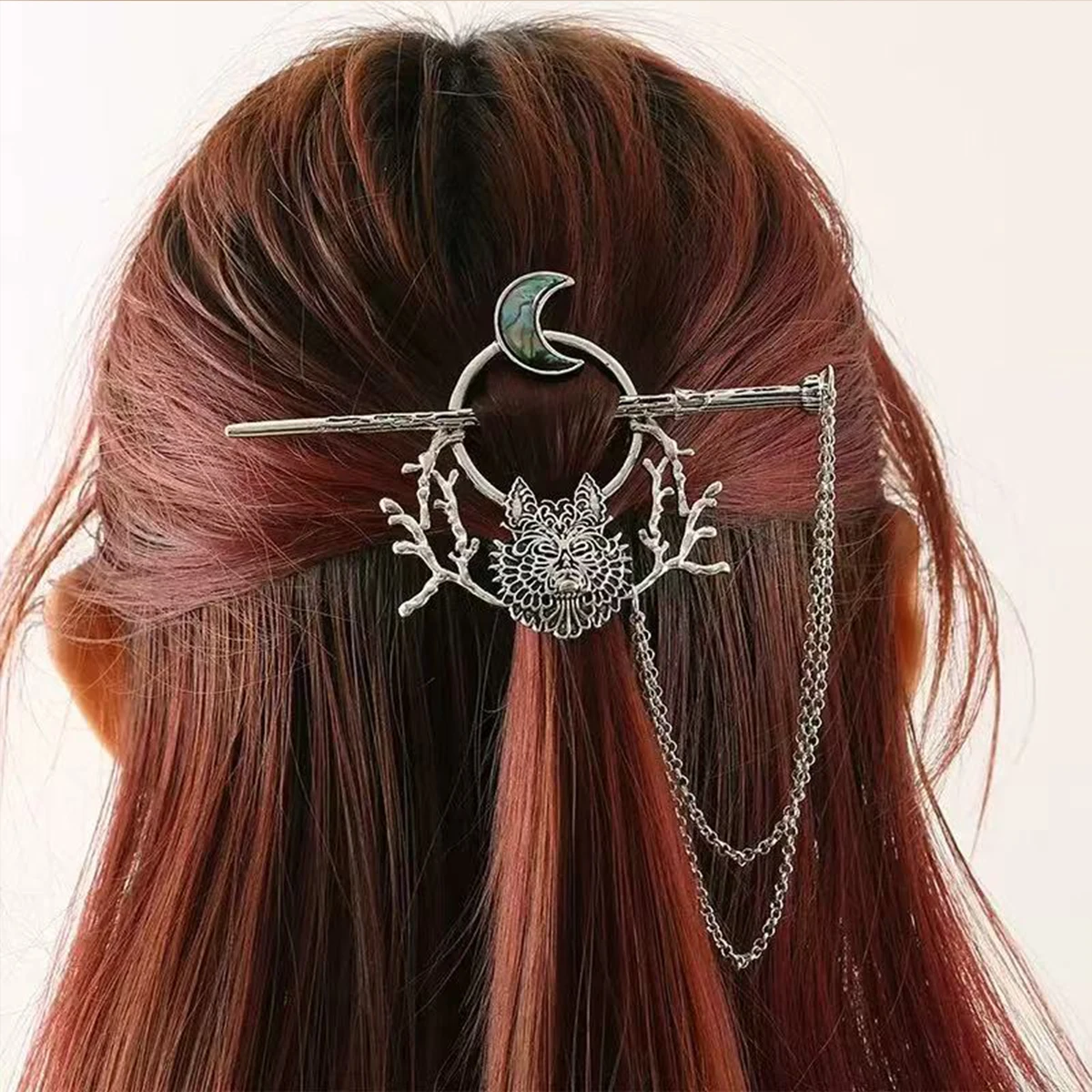 1pc Halloween Gothic Punk Style Vintage Alloy Wolf Head Raven Moonstone Jewelry Headgear Hairpin Skull Hair Ornament