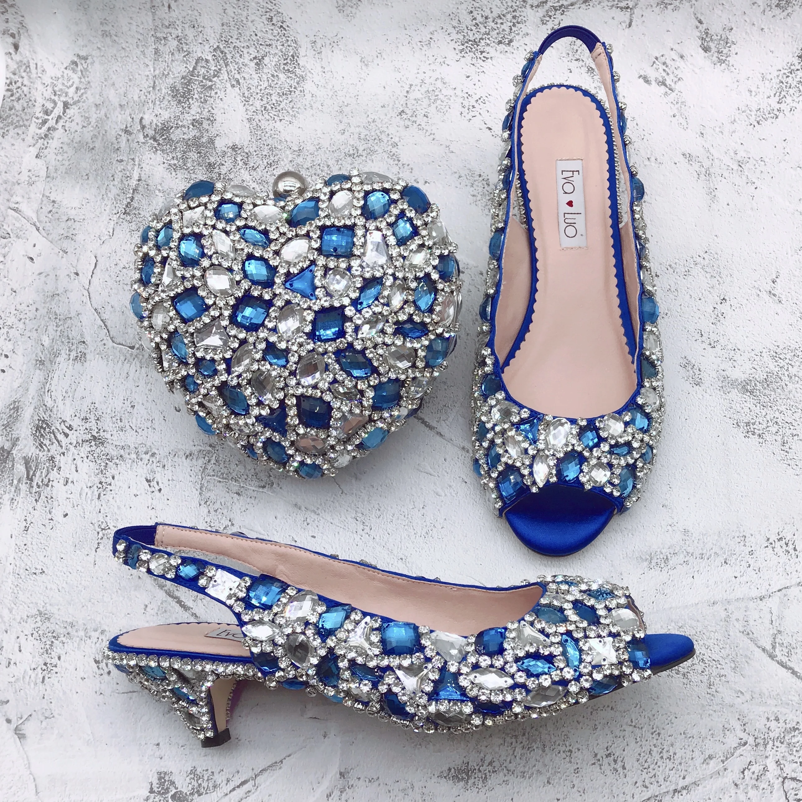 

BS1557 Customizable Various Heel Women Bridal wedding Shoes Slingbacks Open Toe Royal Blue Stones Shoes with Matching Bags Set