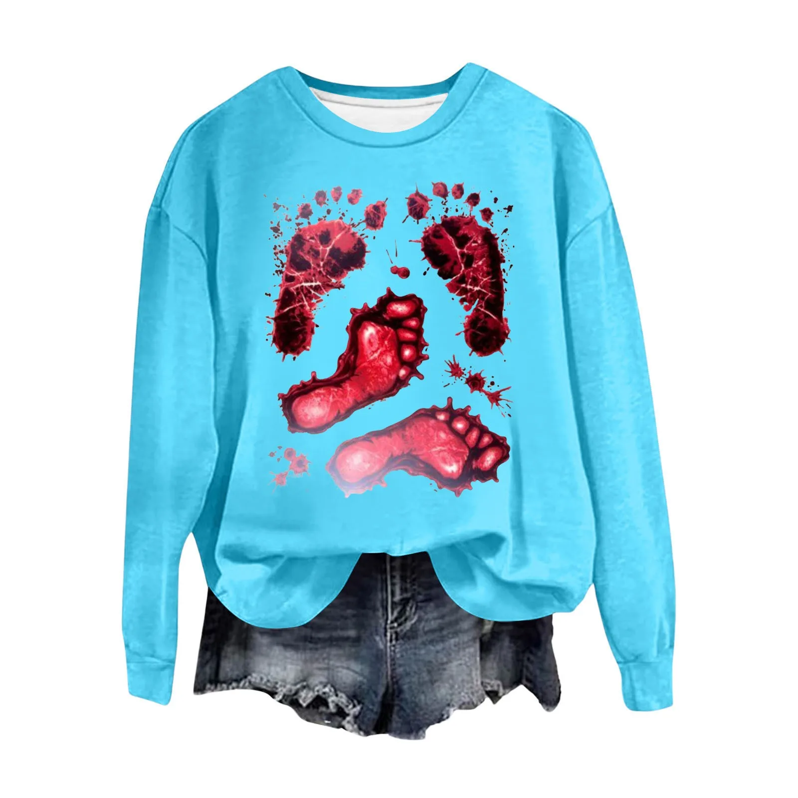 Sudadera con capucha con estampado de Halloween para mujer, jersey de manga larga con cuello redondo, estampado de cuatro huellas de sangre, tendencia de moda, informal