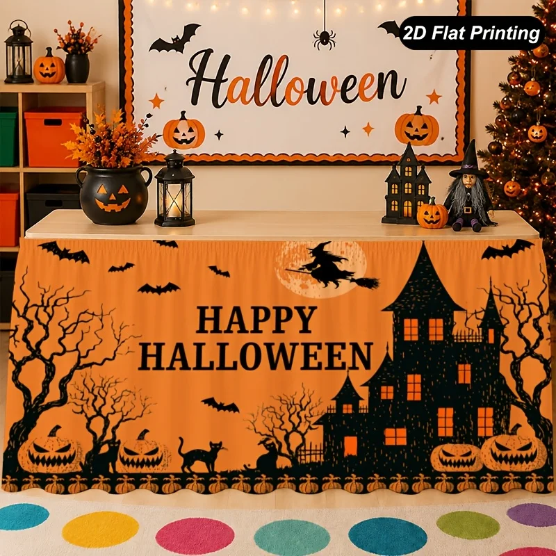 1 piece of 2D flat Halloween tablecloth, ghost house sunset table skirt, perfect for home kitchen decoration