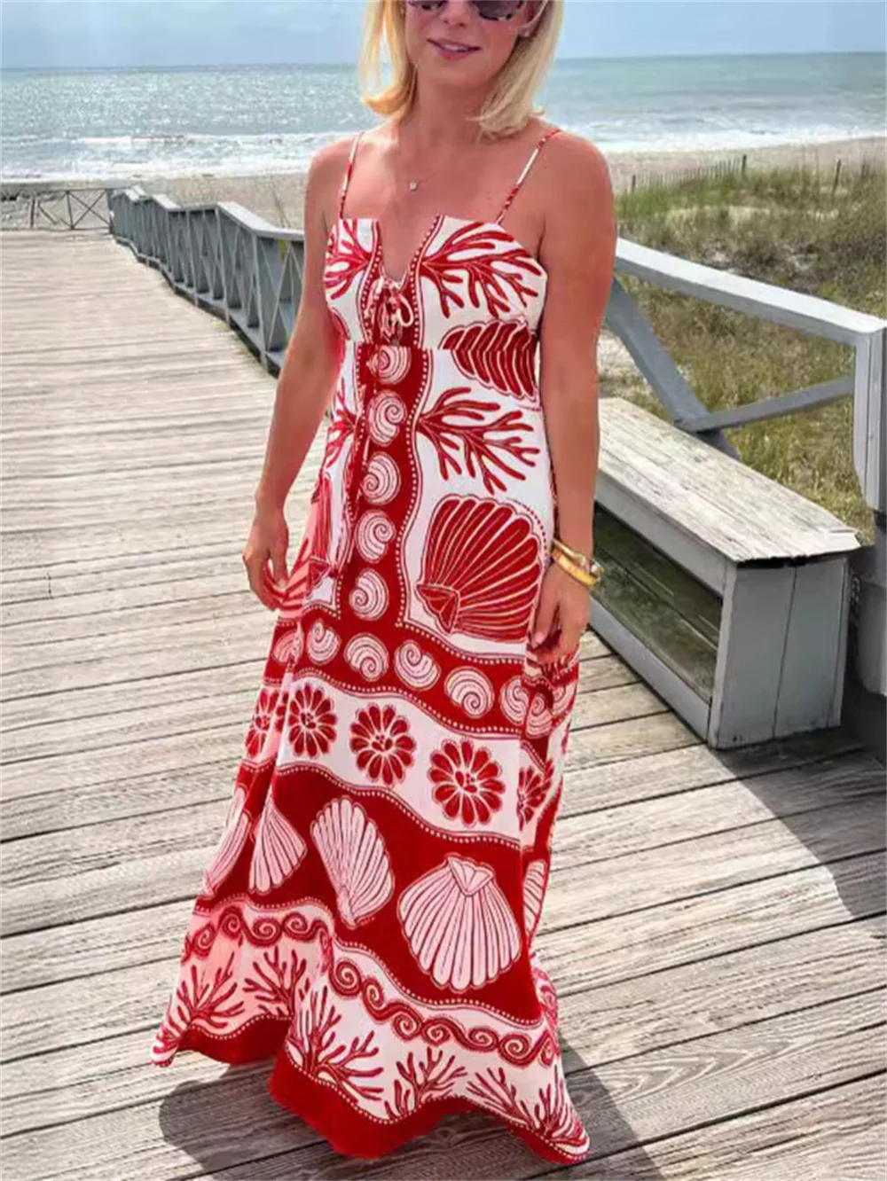 

Summer Beach Red Printed Sling Long Dress for Women Sexy Sleeveless Lace Up High Waist A Line Dresses Female Holiday Lady Robe