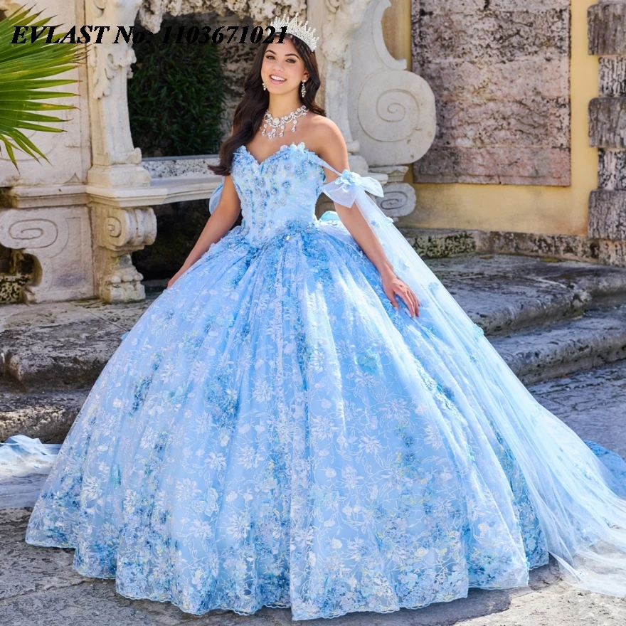 EVLAST-Vestido Quinceanera Rosa Brilhante Blush, Beading 3D Floral Applique com Capa, Bow Sweet 16 Vestido de Baile, SQ214