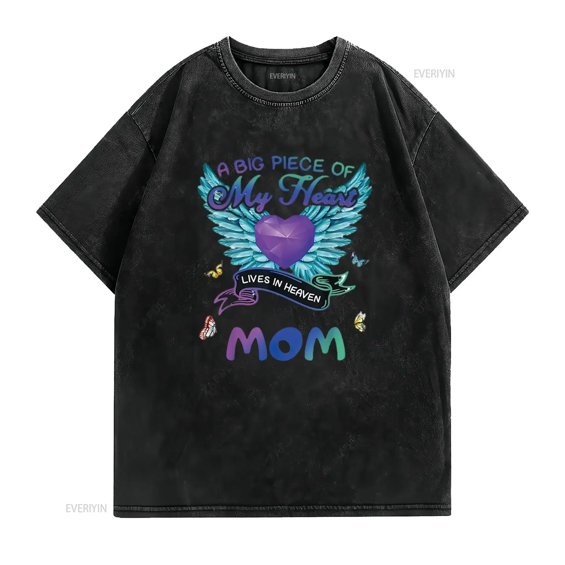 قطعة كبيرة من قلبي تعيش في الجنة إنها أمي الملاك تي شيرت أبيض 2XL خمر غسلها تنوعا الشارع الشهير الرسم