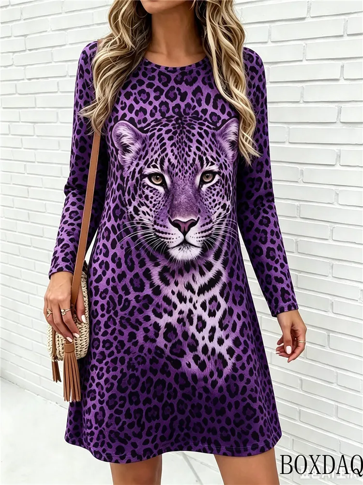 Ladies' Spring and Autumn Long Sleeve Dress Casual Round Neck Animal Pattern Printed Women's Dress Loose Comfortable Dresses
