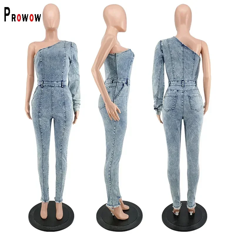 Prowow Women Jumpsuits Fashion One Sleeve Denim Overalls Rompers Blue Color Slim Fit Fashion Trend Female Streetwear