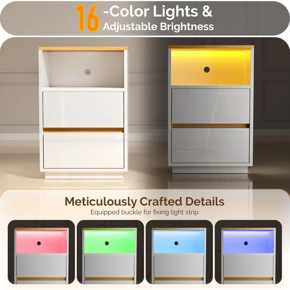 "منضدة LED لامعة مع منفذ شحن وأدراج للاستخدام بجانب السرير" #5