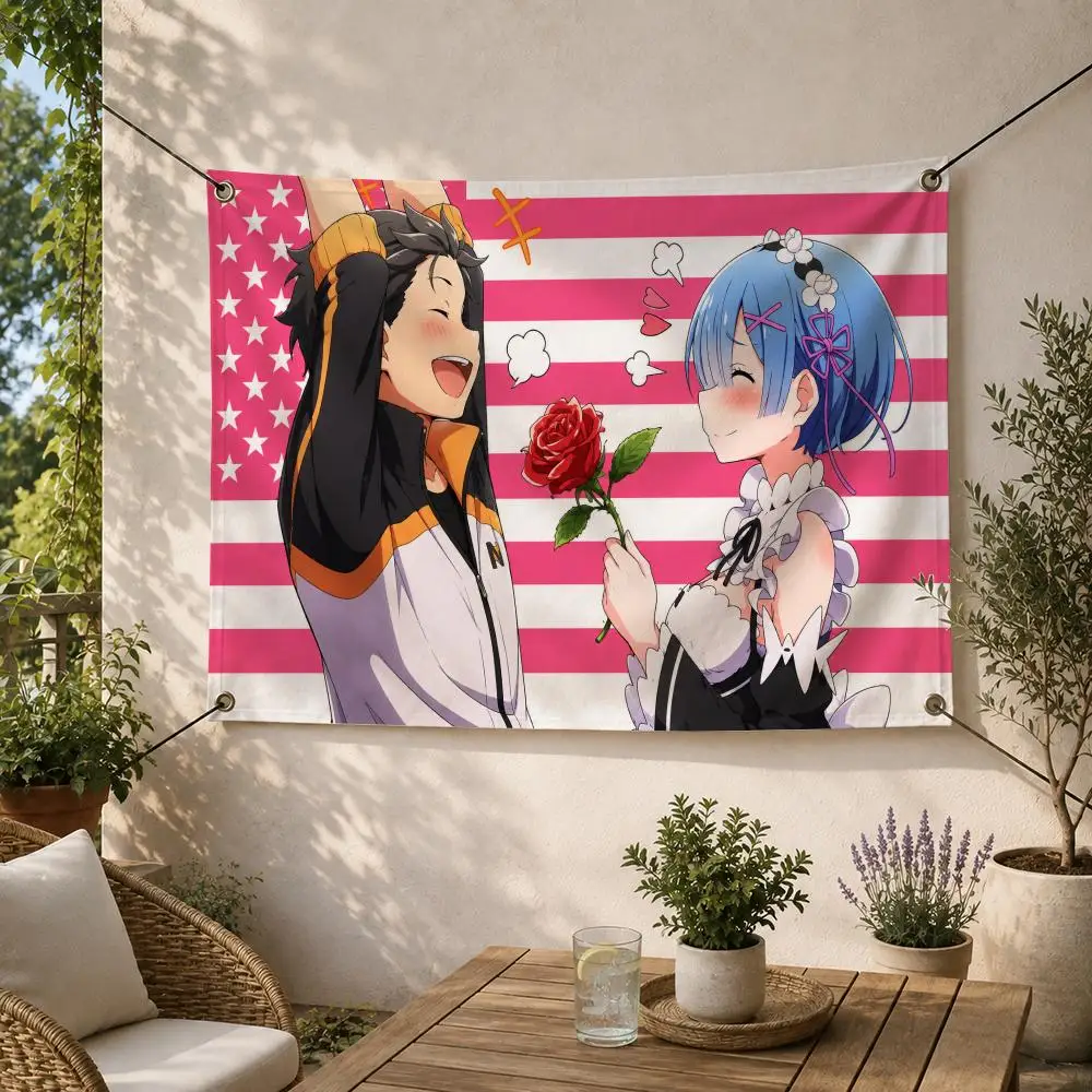 Fantasy Romance Anime S-Subaru x Rem Flags Decorative Flag Banner for Outdoor Garden Yard Camping Party Home Wall Hanging Decor
