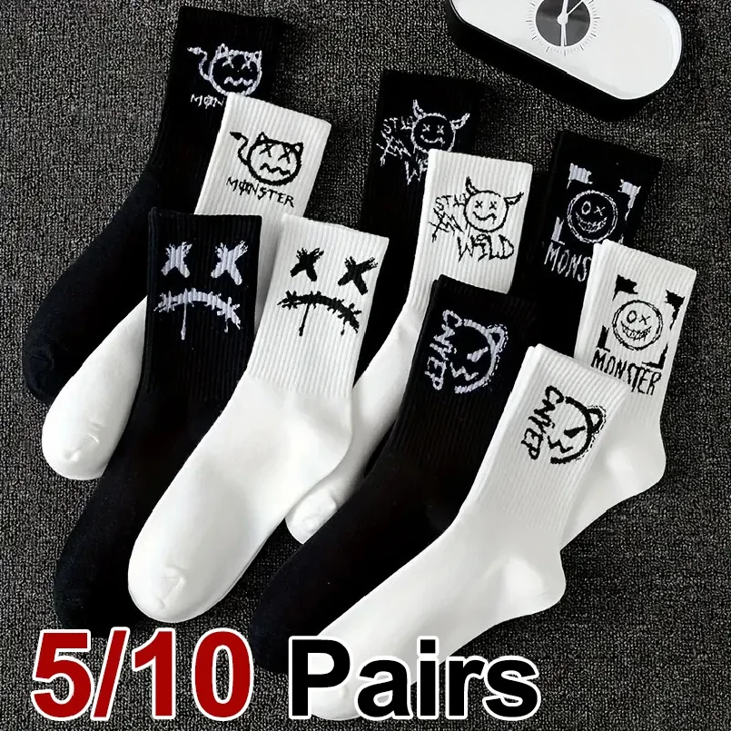 5/10 Pairs Men Women Graffiti Printed socks Street Style Soft Comfortable Sweat Absorbing Breathable Couple Sports Leisure Socks - view 2