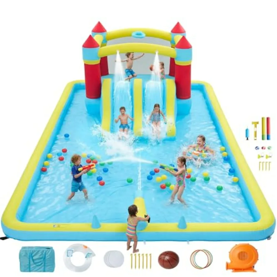 

Inflatable Bounce House 14ft x 11.4ft Indoor Outdoor Bounce Castle 7-in-1 with 350W Blower and Slide Red Blue Jump House for Ba