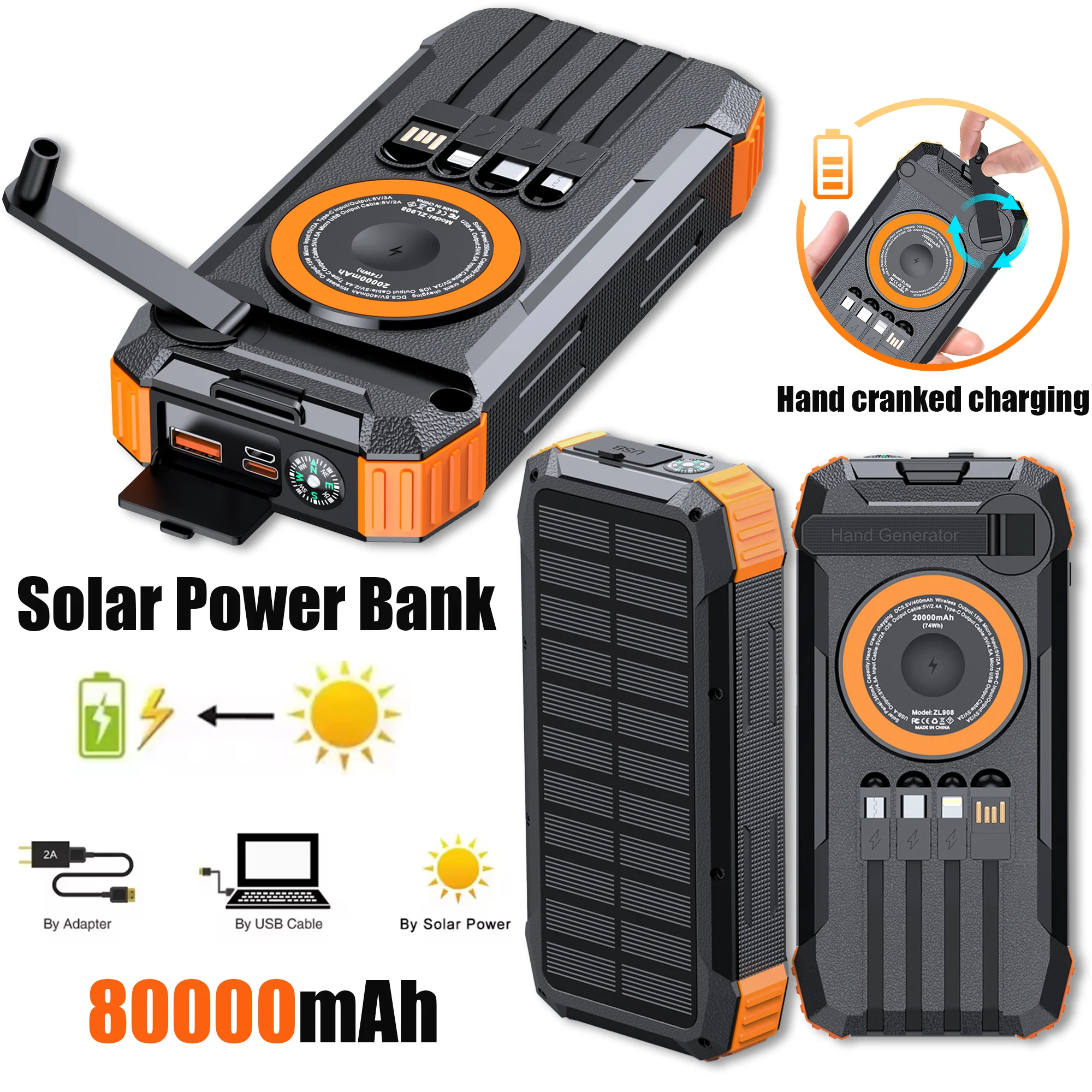 Hand Crank Solar Power Bank 80000mAh 22.5W Magnetic Wireless Fast Charging with Light & Compass for iPhone iWatch Airpods