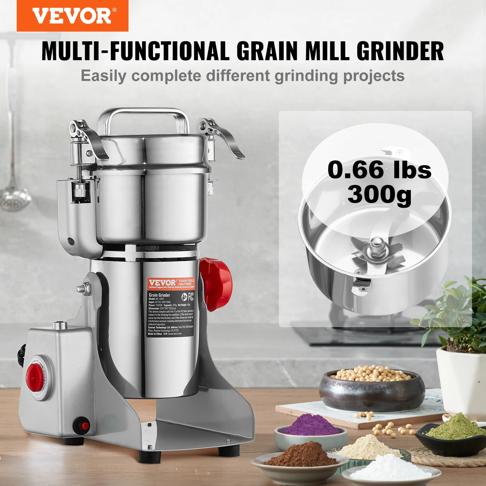 VEVOR 300g Electric Grain Mill Grinder, High Speed 1500W Commercial Spice Grinders, Stainless Steel Pulverizer Powder Machine