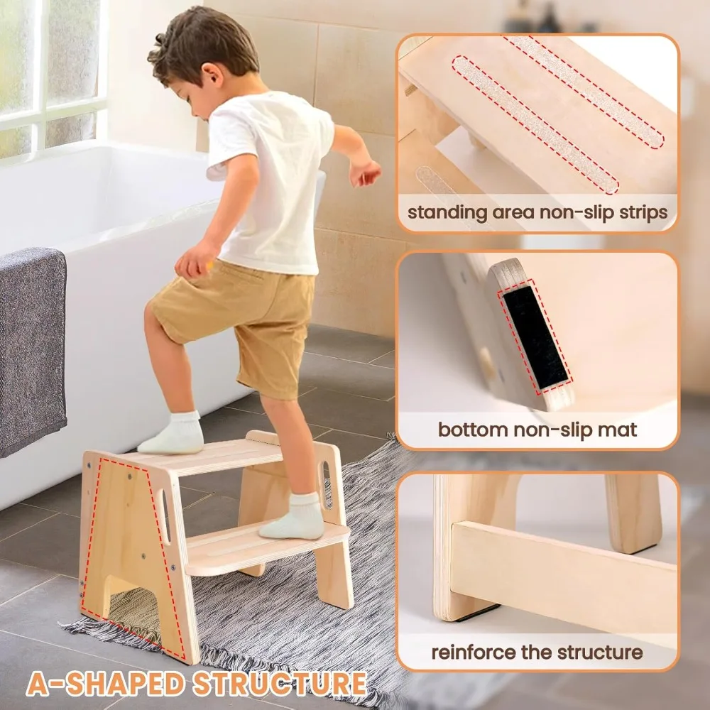 

2 Pack Toddler Step Stool, Wooden Height-Adjustable 2-Step Stool for Kids, Potty Training Stool with Handles