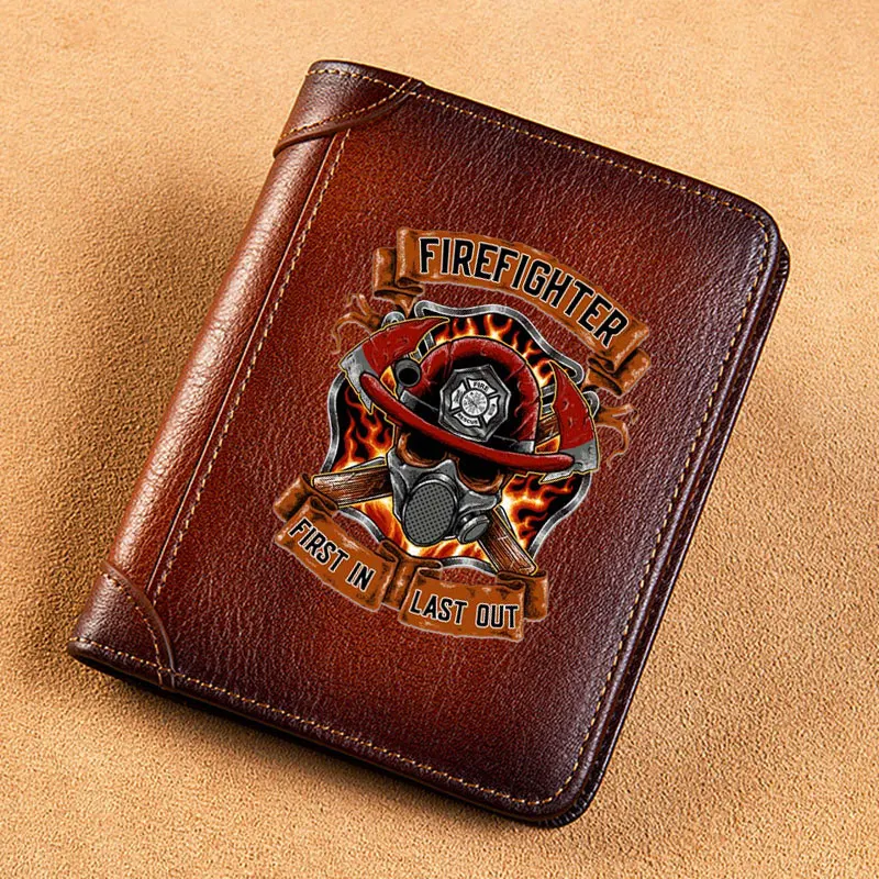 Vintage High Quality Genuine Leather Wallet First In Last Out Firefighter Printing Standard Short Purse BK1340