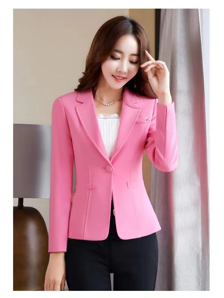 Slim Fit Black Women Blazer with Pockets for Formal Occasions 2024 Spring Autumn OL Lady Office Work Suit Coat White Beige Navy