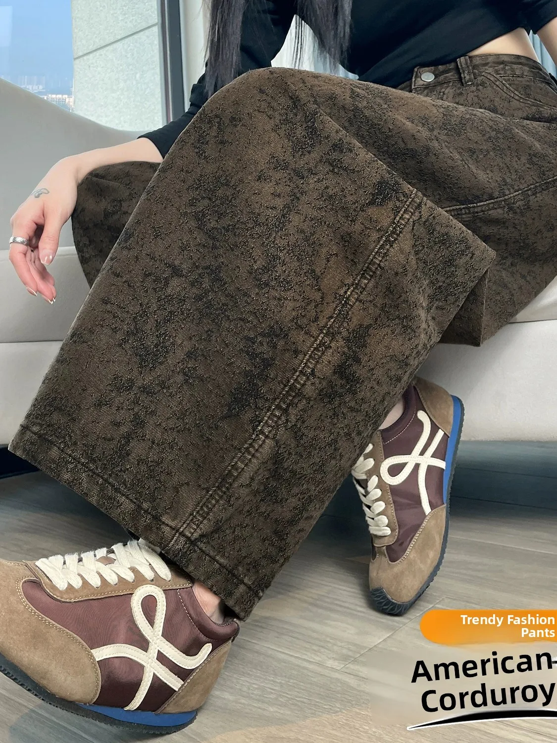 Retro American Washed Embroidered High Waist Wide Leg Pants Women's Autumn Winter Korean Style Design Sense Knife  Jeans