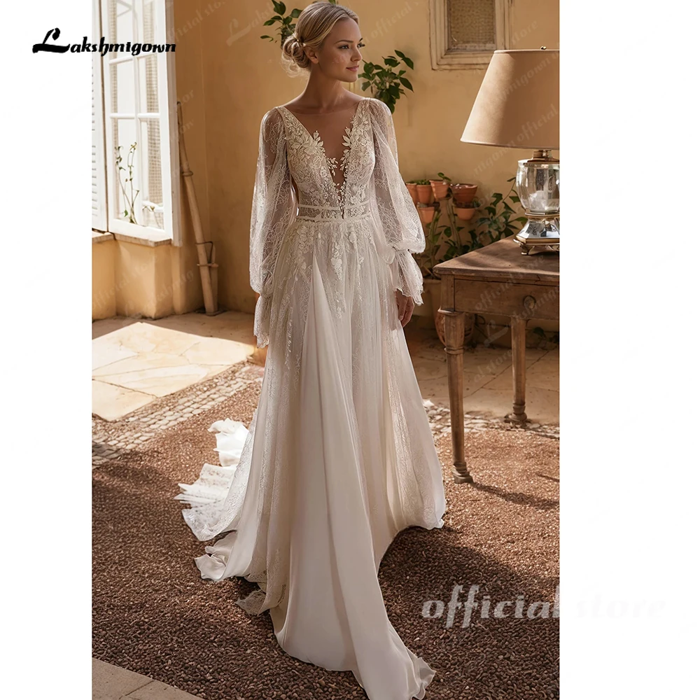 

Lakshmigown Boho A-Line Appliques Long Sleeve Wedding Dress Romantic Plunging Neckline Deep-V Chiffon Lace Bridal Gow Customized