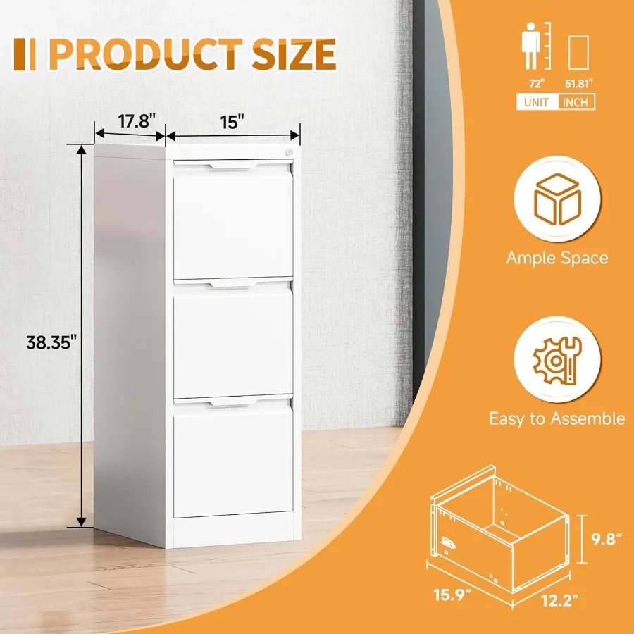 3-Drawer Metal File Cabinet with Lock, Steel Printer Stand with Storage for Home Office, Vertical Filing Cabinet for Legal/Lett
