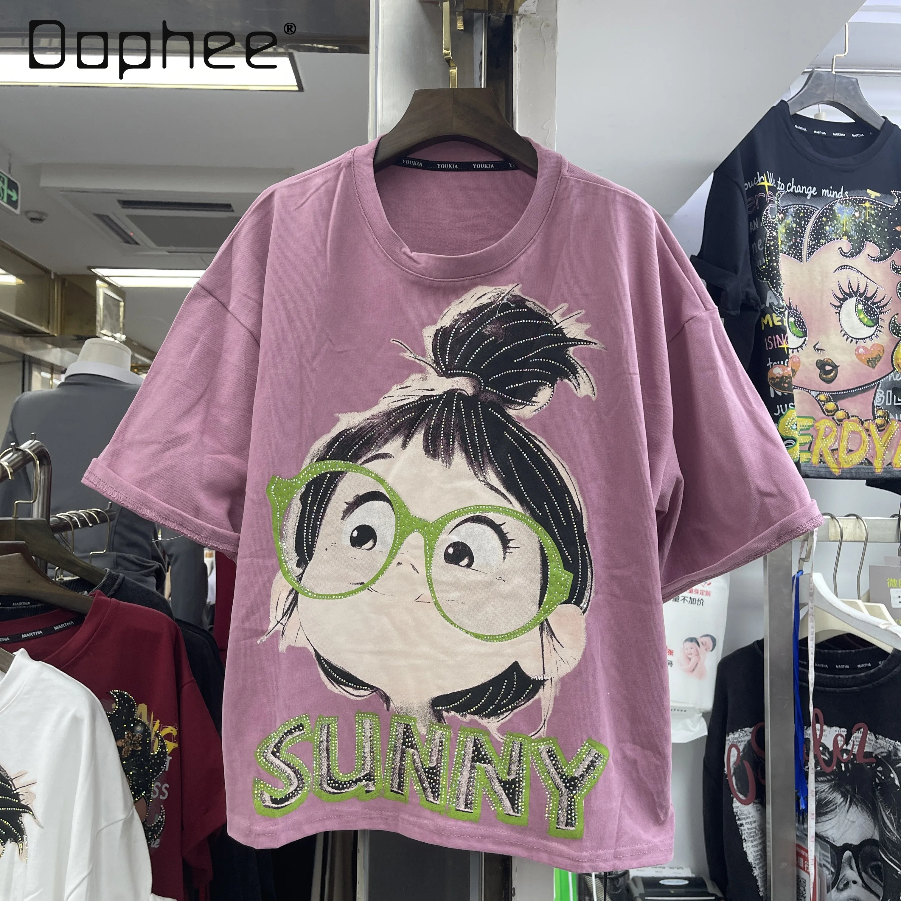 

Fashion Trend American Casual Retro Cartoon Print Short Sleeve T-Shirt Loose Top Ins Half Sleeve Trend Tee Women Clothing