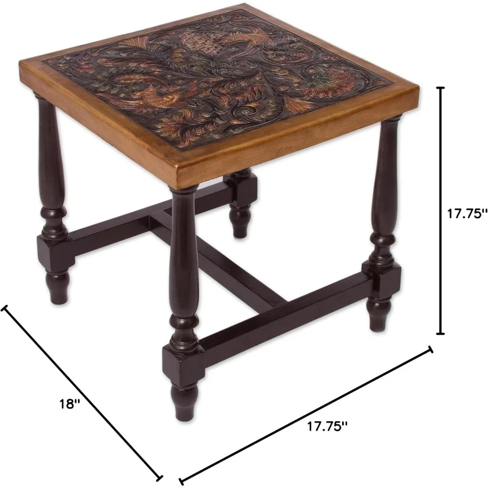 Artisan Handmade Leather Wood Table Colorful Bird Natureinspired Brown Multicolor Peru Furniture Coffee Tables