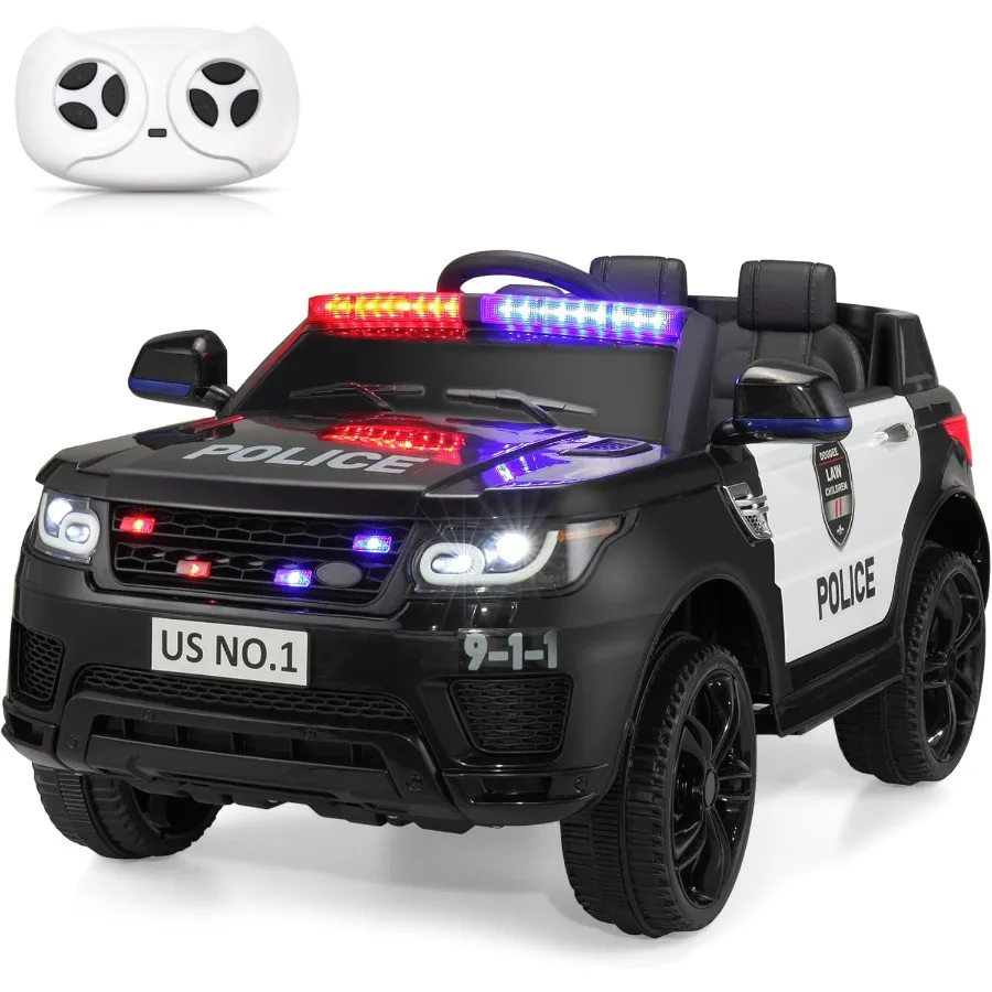 Giro in auto della polizia sull'auto elettrica per bambini per guidare i giocattoli da corsa alimentati a batteria con telecomando, sirena, illuminazione lampeggiante