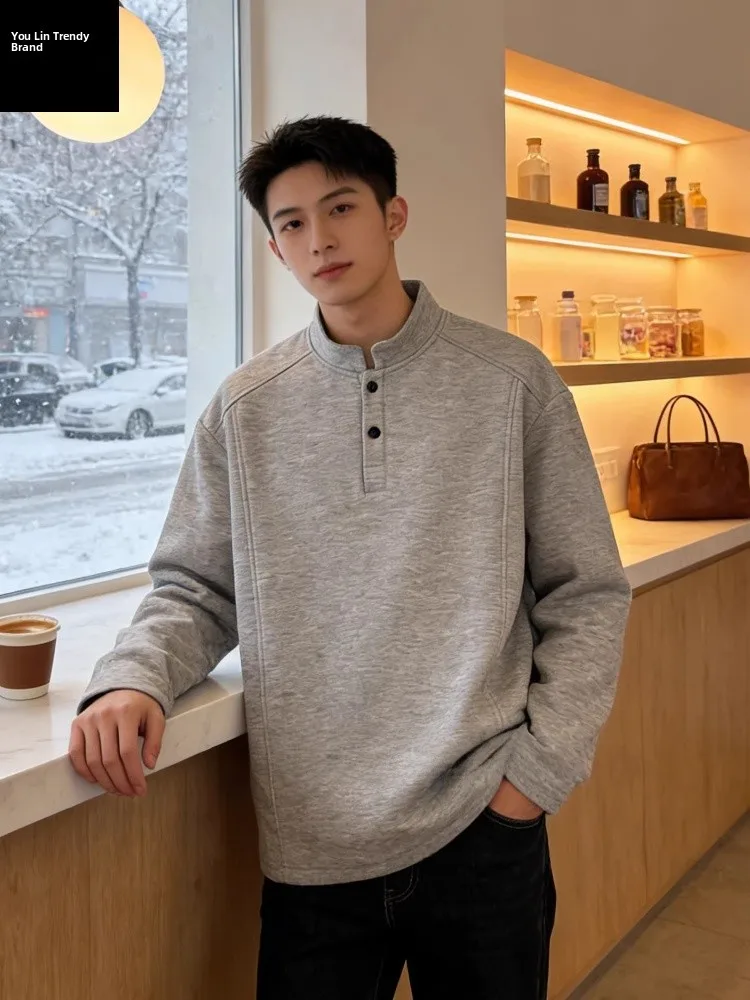 

Мужская хлопковая футболка с длинным рукавом и воротником-стойкой, на флисовой подкладке, для повседневной носки зимой